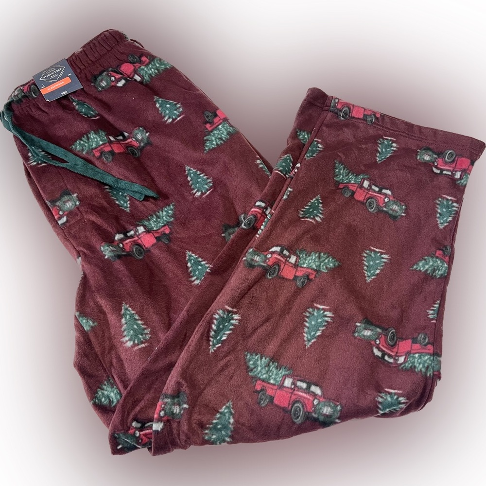 Men's Christmas Tree Truck Print St Johns Bay Burgandy Fleece PJ pant Size M NWT